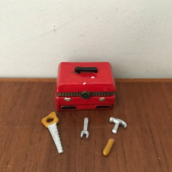 Vintage 1950's Red Toolbox Hinged Trinket Box With Saw Wrench Tools Charms Mini - Picture 2 of 9